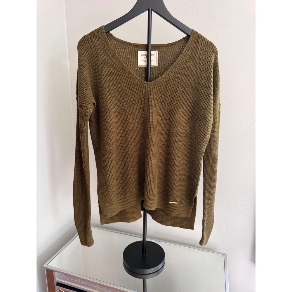 Abercrombie & Fitch Womens Olive Green V-Neck Shaker Knit Sweater Size S